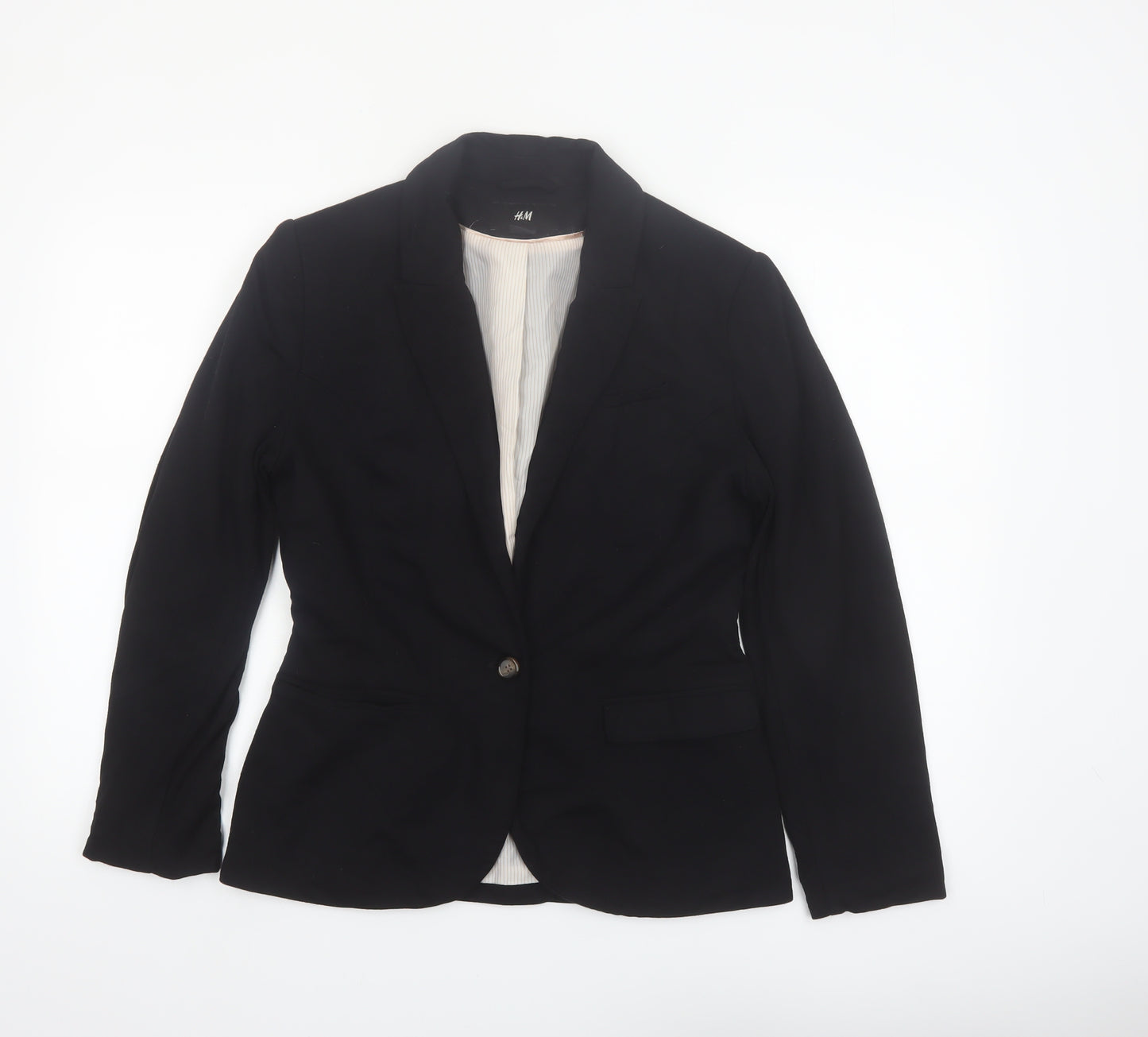 H&M Women Black Tailored Notch Lapel One-Button Blazer UK 12