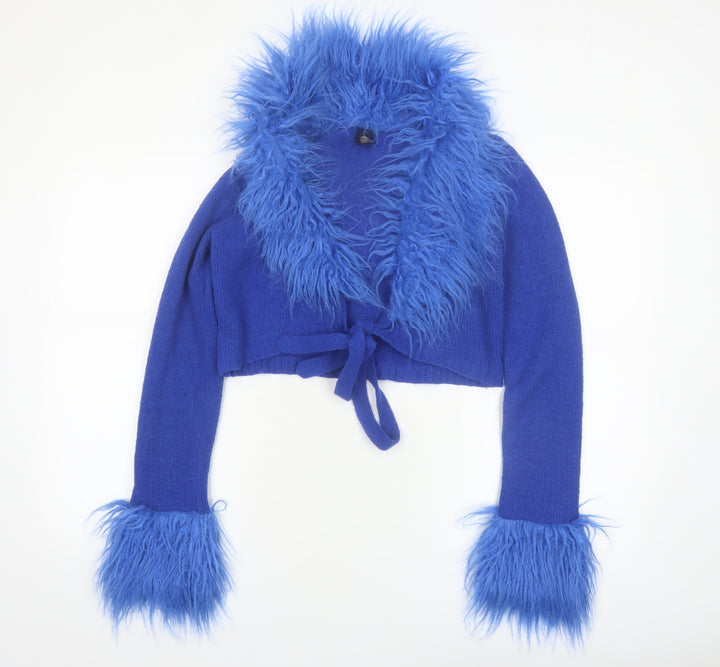 Urban Outfitters Women's Blue Fur Trim Tie Front Cardigan M