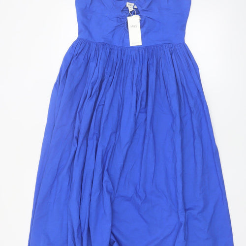 Marks and Spencer Women Blue Cotton Halter Midi Fit & Flare Dress Size 12
