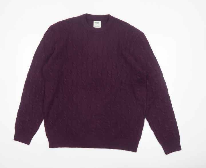 Marks and Spencer Men Purple Cable-Knit Crew Neck Jumper L