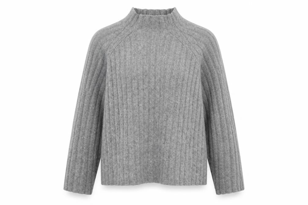 Front view of Mango Women Grey Cashmere Mock Neck Ribbed Jumper XS