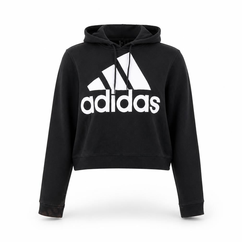 Front view of Adidas Women’s Black Pullover Hoodie, size M, Regular Fit Logo