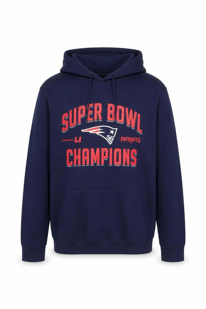 Front view of NFL Team Apparel Men's Blue XL Pullover Hoodie Super Bowl Champions