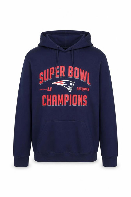 Front view of NFL Team Apparel Men's Blue XL Pullover Hoodie Super Bowl Champions
