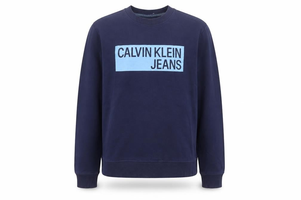Front view of Calvin Klein Jeans Men's Blue Logo Pullover Sweatshirt, size L