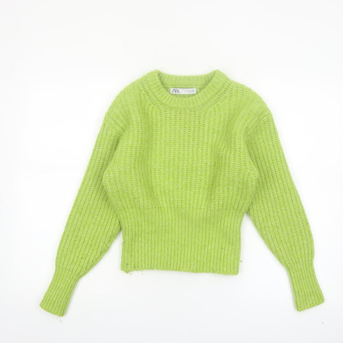 Zara Womens Green Knit Crew Neck Long Sleeve Pullover Jumper Size S