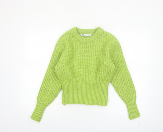 Zara Womens Green Knit Crew Neck Long Sleeve Pullover Jumper Size S