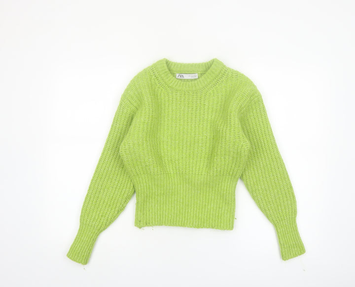 Zara Womens Green Knit Crew Neck Long Sleeve Pullover Jumper Size S