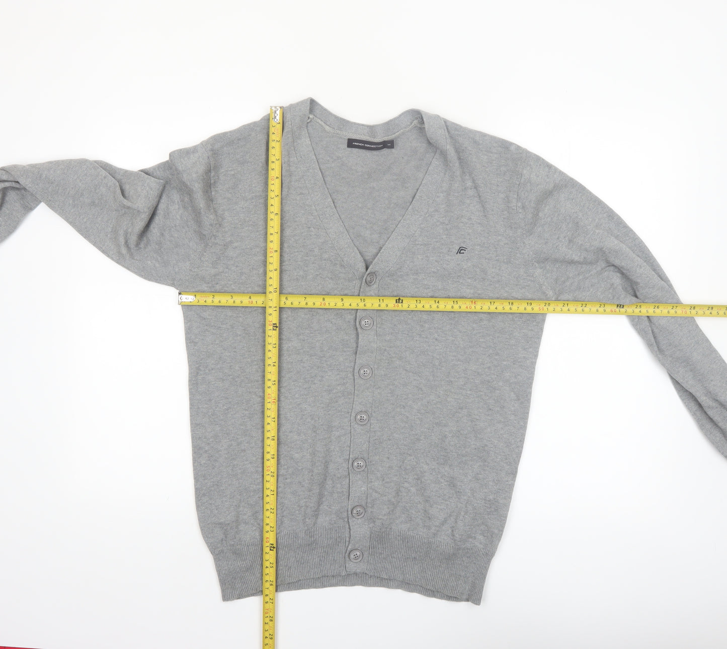 French Connection Men's Grey Cotton V-Neck Cardigan M