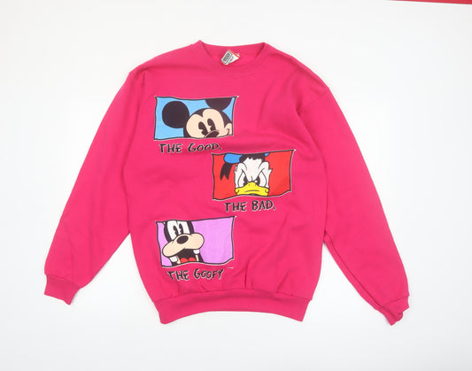 Front view of Disney Designs Women's Pink Mickey Donald Goofy Pullover Sweatshirt Large