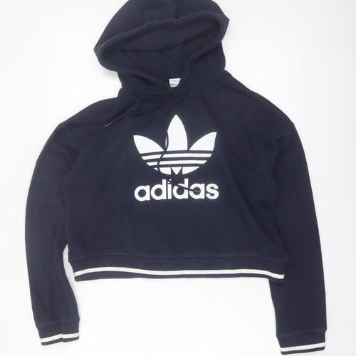 Adidas Women Navy Blue Cropped Pullover Hoodie UK 8 Logo Sportswear