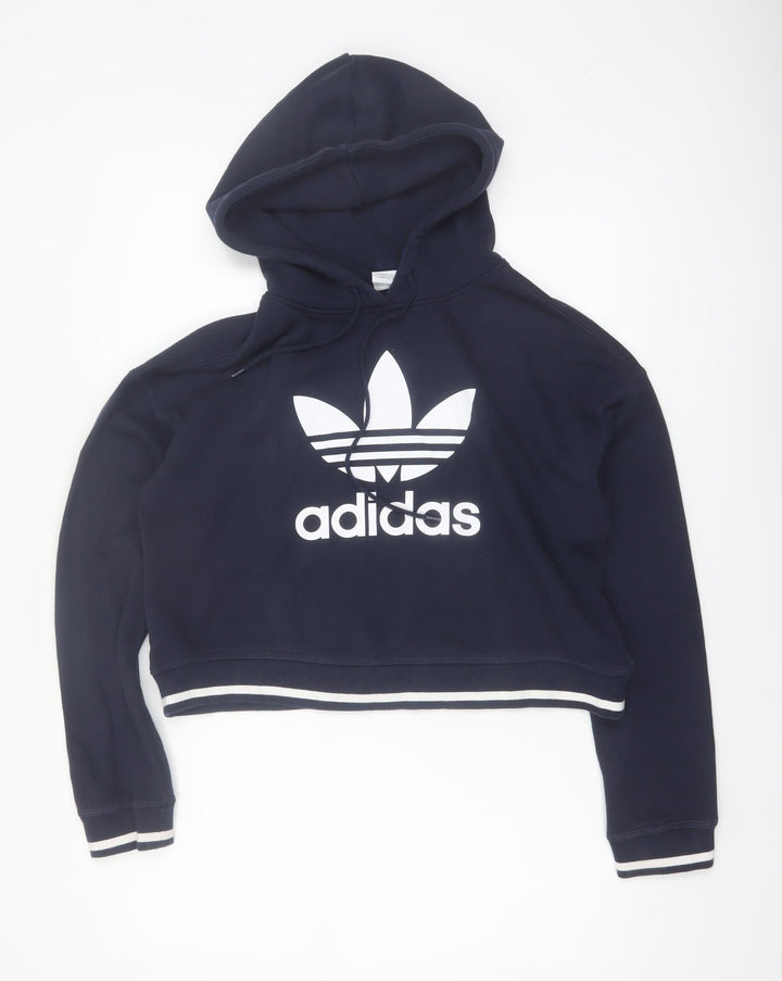 Adidas Women Navy Blue Cropped Pullover Hoodie UK 8 Logo Sportswear