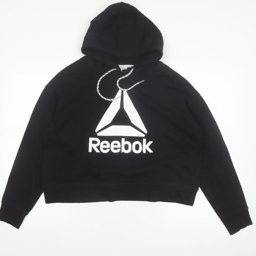 Reebok Womens Black Pullover Hoodie L Cotton Blend Logo Hooded Sweatshirt