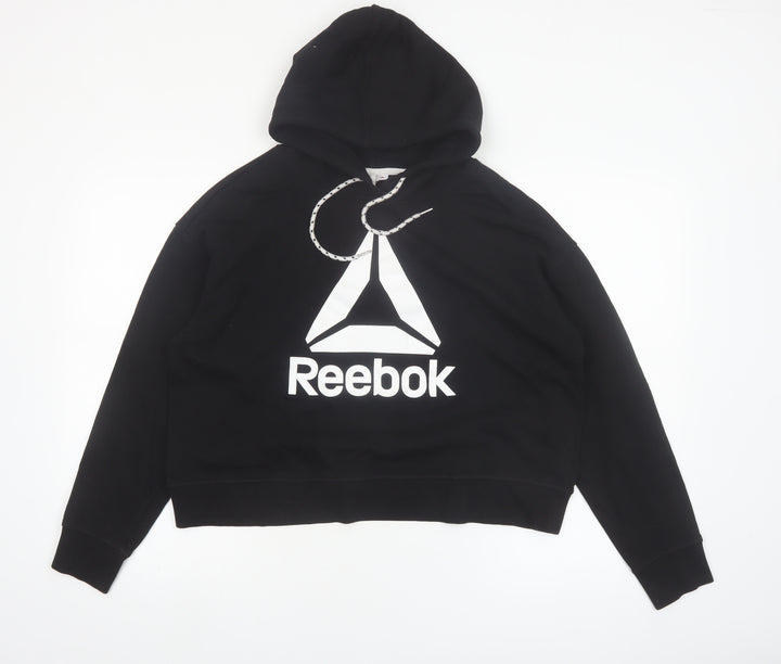 Reebok Womens Black Pullover Hoodie L Cotton Blend Logo Hooded Sweatshirt