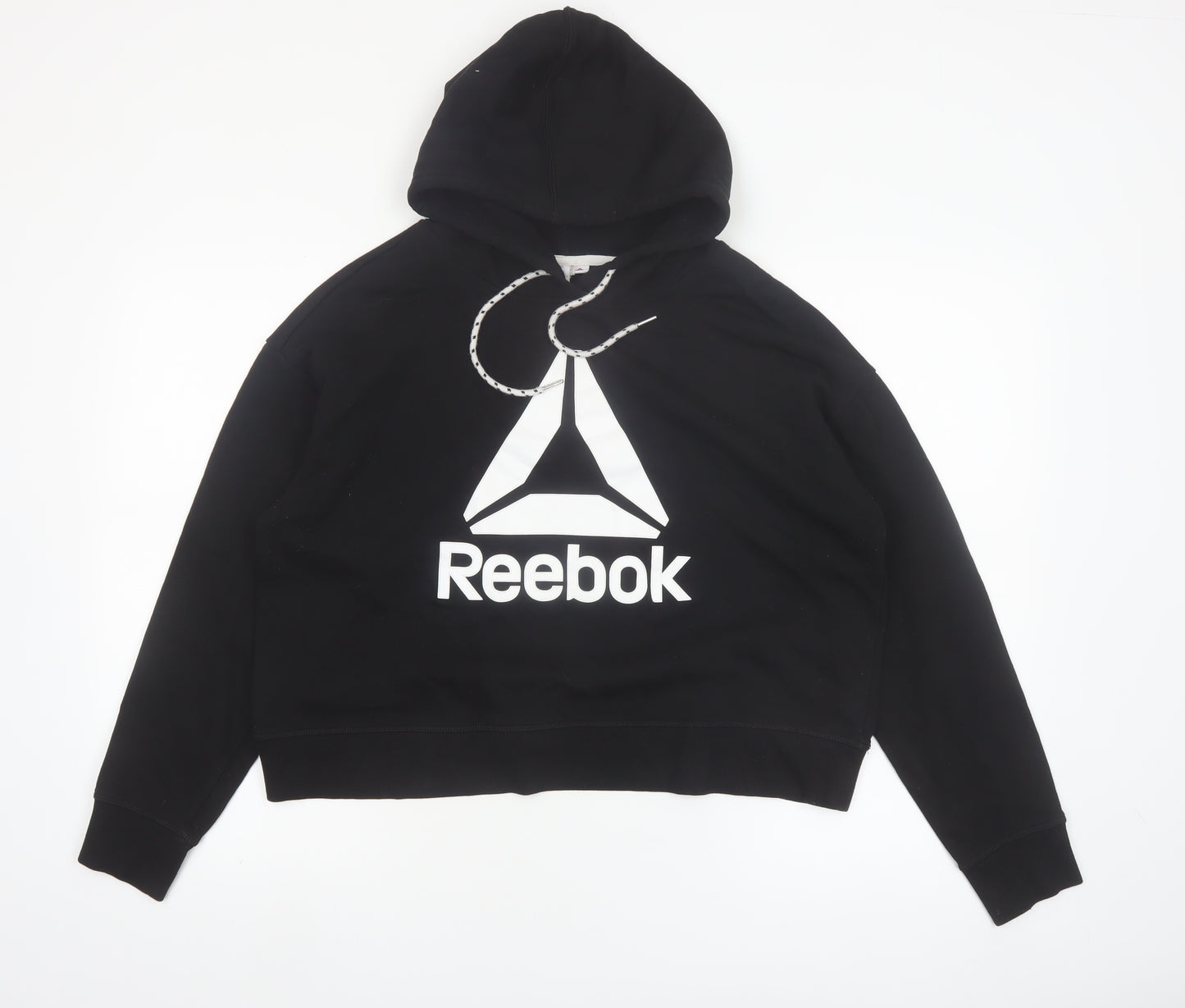 Reebok Womens Black Pullover Hoodie L Cotton Blend Logo Hooded Sweatshirt