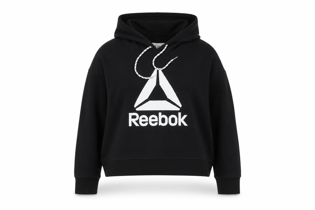 Front view of Reebok women’s black pullover hoodie l cotton blend logo hooded sweatshirt