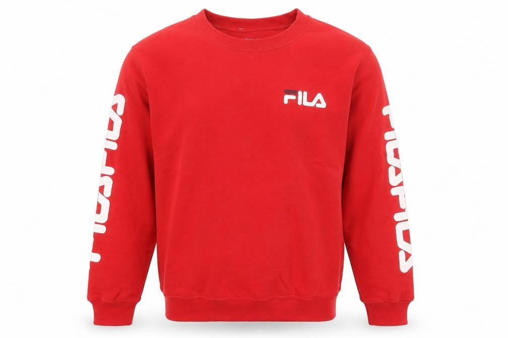 Front view of Fila Men's Red Crew Neck Logo Pullover Sweatshirt, size S