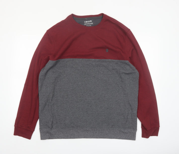 IZOD Mens Grey Burgundy Crew Neck Pullover Sweatshirt L Stretch