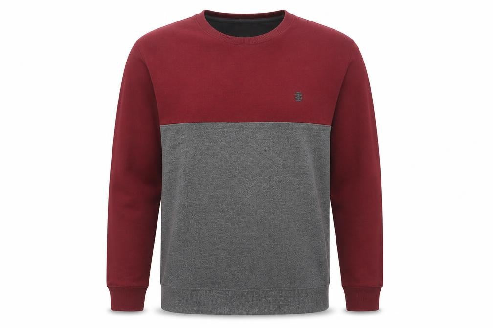 Front view of IZOD men’s grey burgundy crew neck pullover sweatshirt l stretch