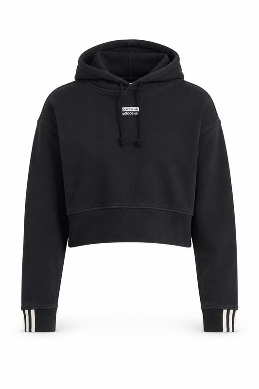 Front view of Adidas Women's Black Crop Pullover Hoodie UK 6 XS Cotton Blend