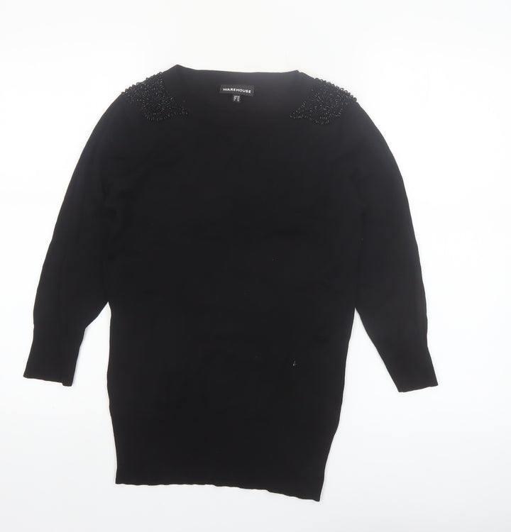 Warehouse Womens Black Beaded Shoulder Pullover Jumper UK 10