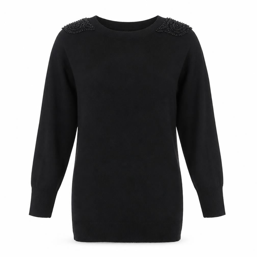 Front view of Warehouse women’s black beaded shoulder jumper uk 10