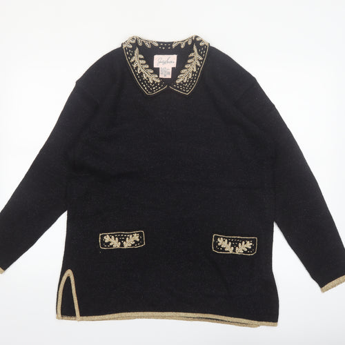 Jaclyn Smith Women Black Collared Embroidered Pullover Jumper M