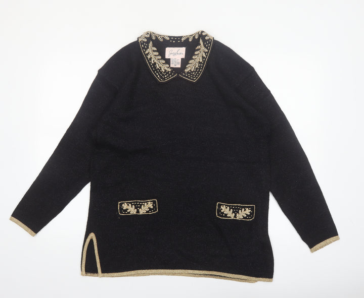 Jaclyn Smith Women Black Collared Embroidered Pullover Jumper M