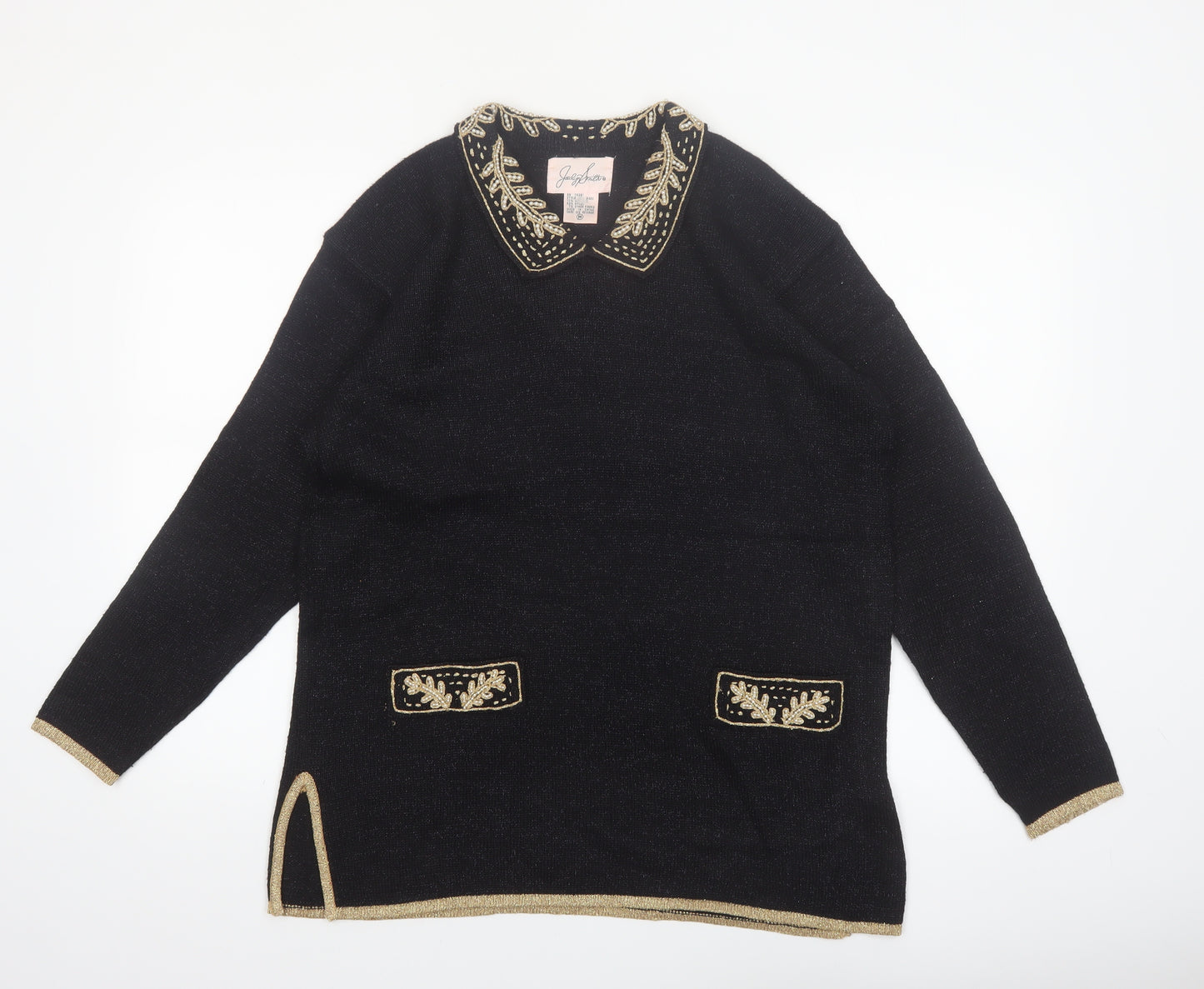 Jaclyn Smith Women Black Collared Embroidered Pullover Jumper M