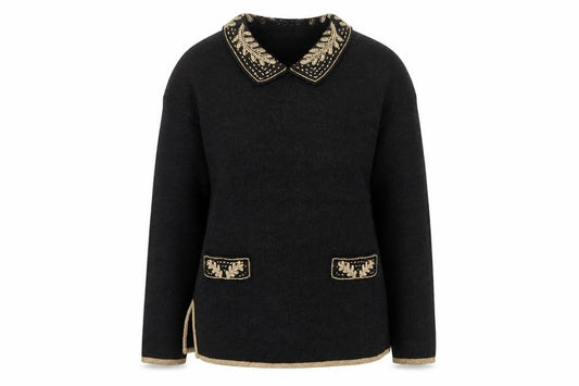 Front view of Jaclyn Smith Women Black Collared Embroidered jumper M