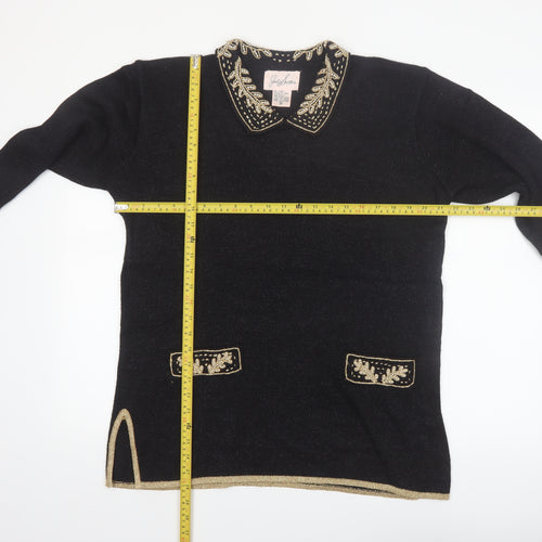 Jaclyn Smith Women Black Collared Embroidered Pullover Jumper M