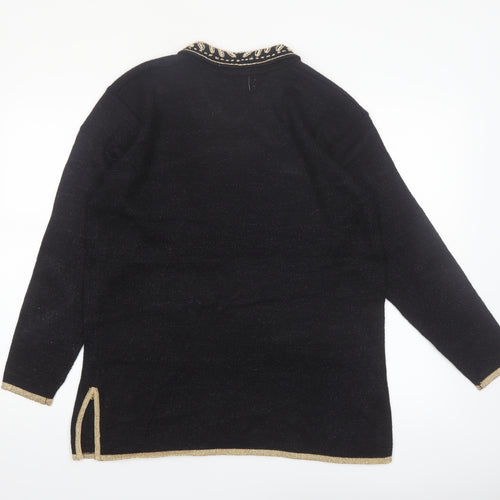 Jaclyn Smith Women Black Collared Embroidered Pullover Jumper M