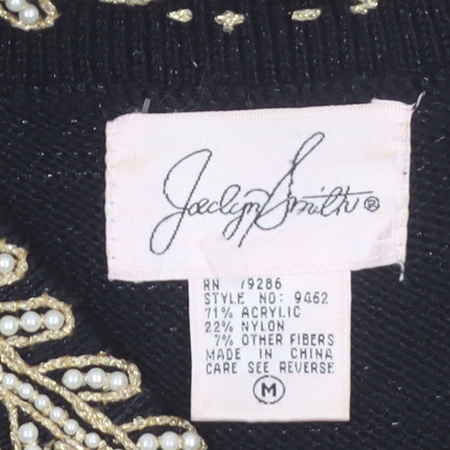 Jaclyn Smith Women Black Collared Embroidered Pullover Jumper M