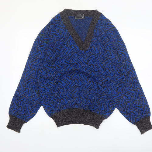 Sears Unisex Blue Geometric Wool Blend V-Neck Jumper M
