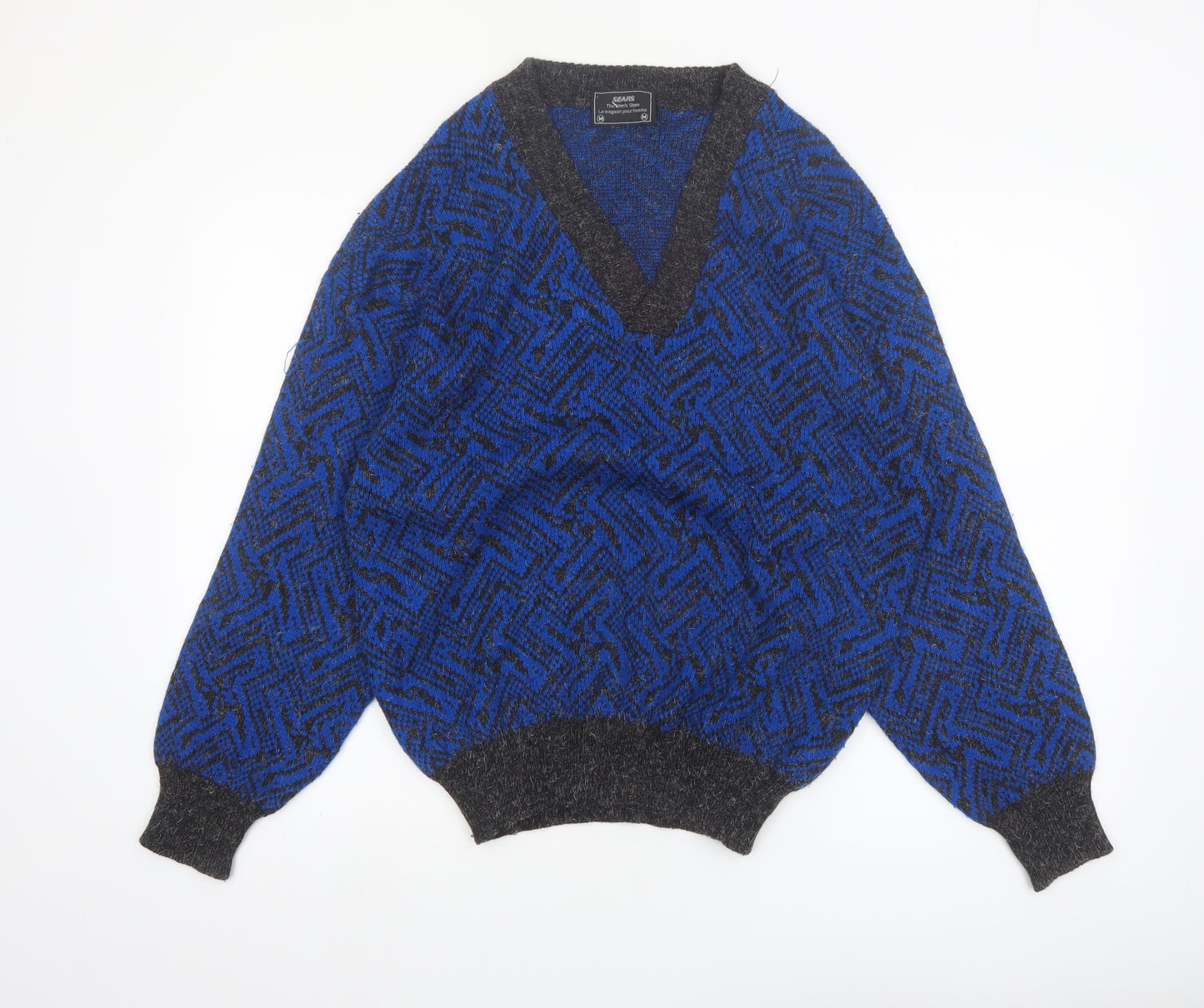 Sears Unisex Blue Geometric Wool Blend V-Neck Jumper M