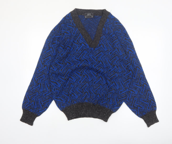 Sears Unisex Blue Geometric Wool Blend V-Neck Jumper M