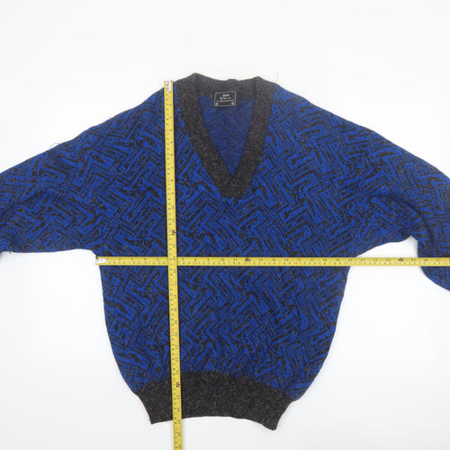 Sears Unisex Blue Geometric Wool Blend V-Neck Jumper M
