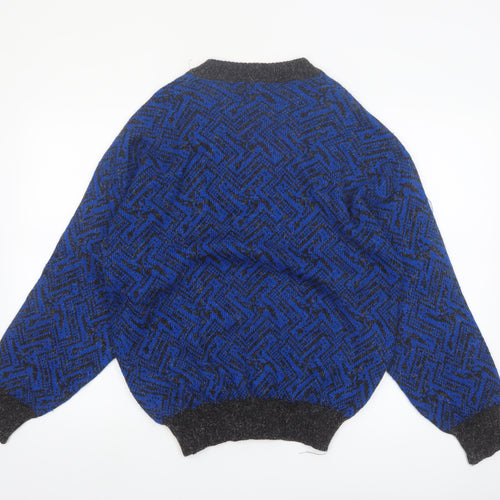 Sears Unisex Blue Geometric Wool Blend V-Neck Jumper M