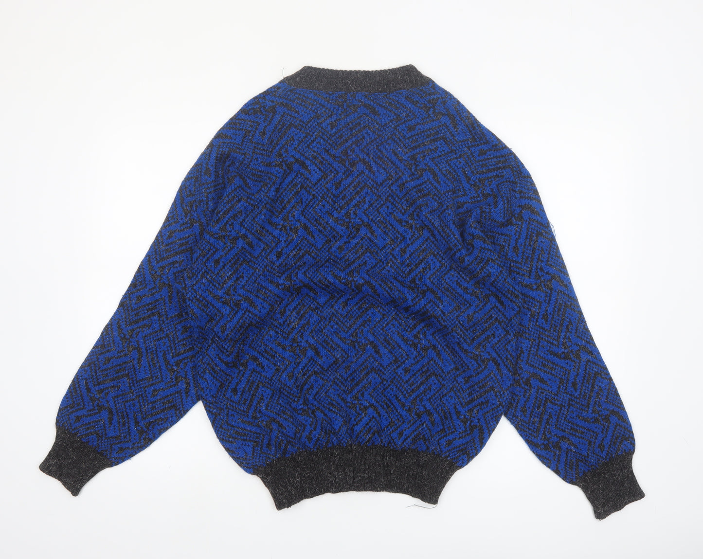 Sears Unisex Blue Geometric Wool Blend V-Neck Jumper M