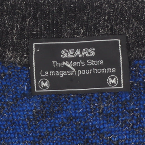 Sears Unisex Blue Geometric Wool Blend V-Neck Jumper M