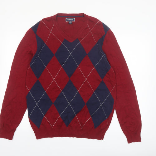 Club Room Men's Red Argyle V-Neck Cotton Jumper Size M