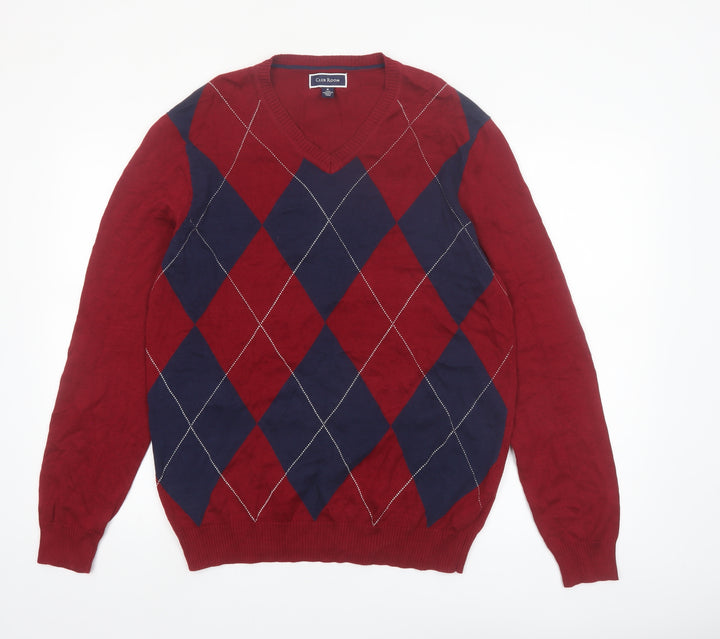 Club Room Men's Red Argyle V-Neck Cotton Jumper Size M