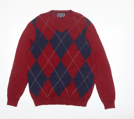 Club Room Men's Red Argyle V-Neck Cotton Jumper Size M