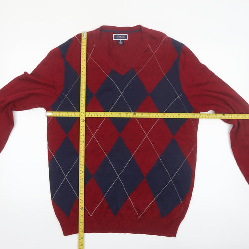 Club Room Men's Red Argyle V-Neck Cotton Jumper Size M