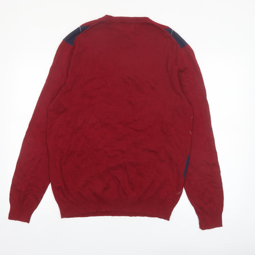 Club Room Men's Red Argyle V-Neck Cotton Jumper Size M