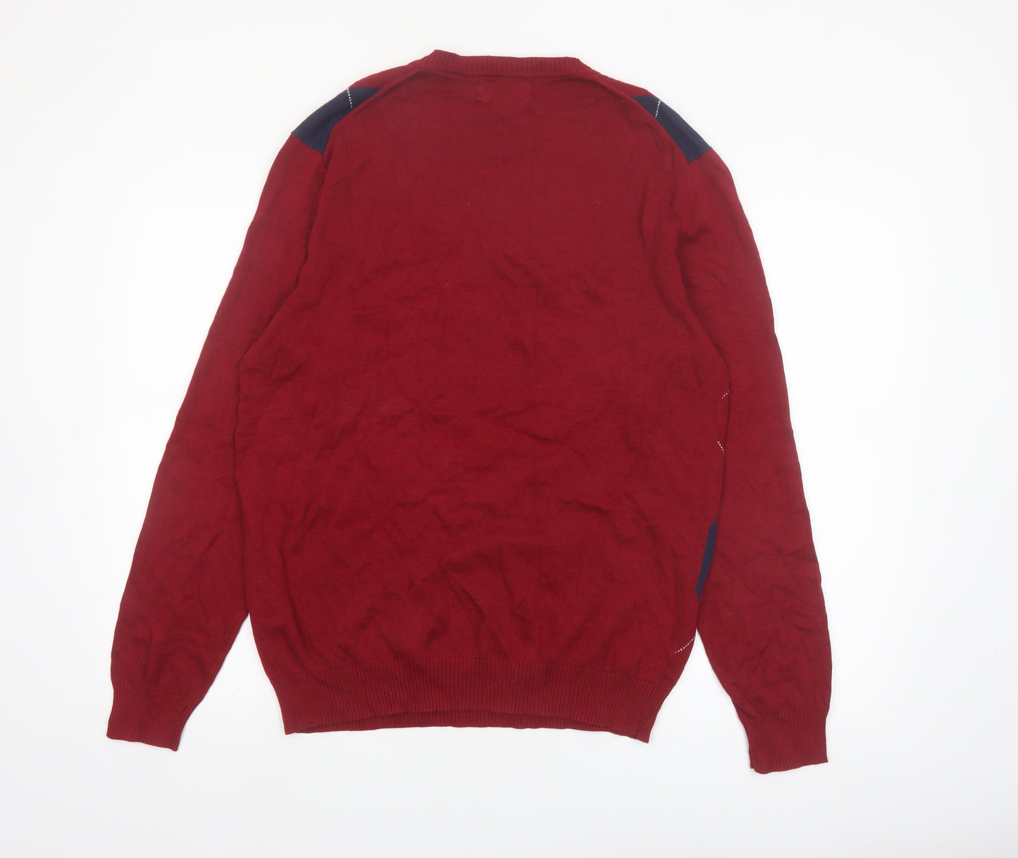 Club Room Men's Red Argyle V-Neck Cotton Jumper Size M