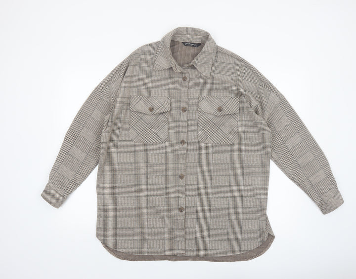 Stradivarius Women's Brown Check Tweed Button Jacket Size 8
