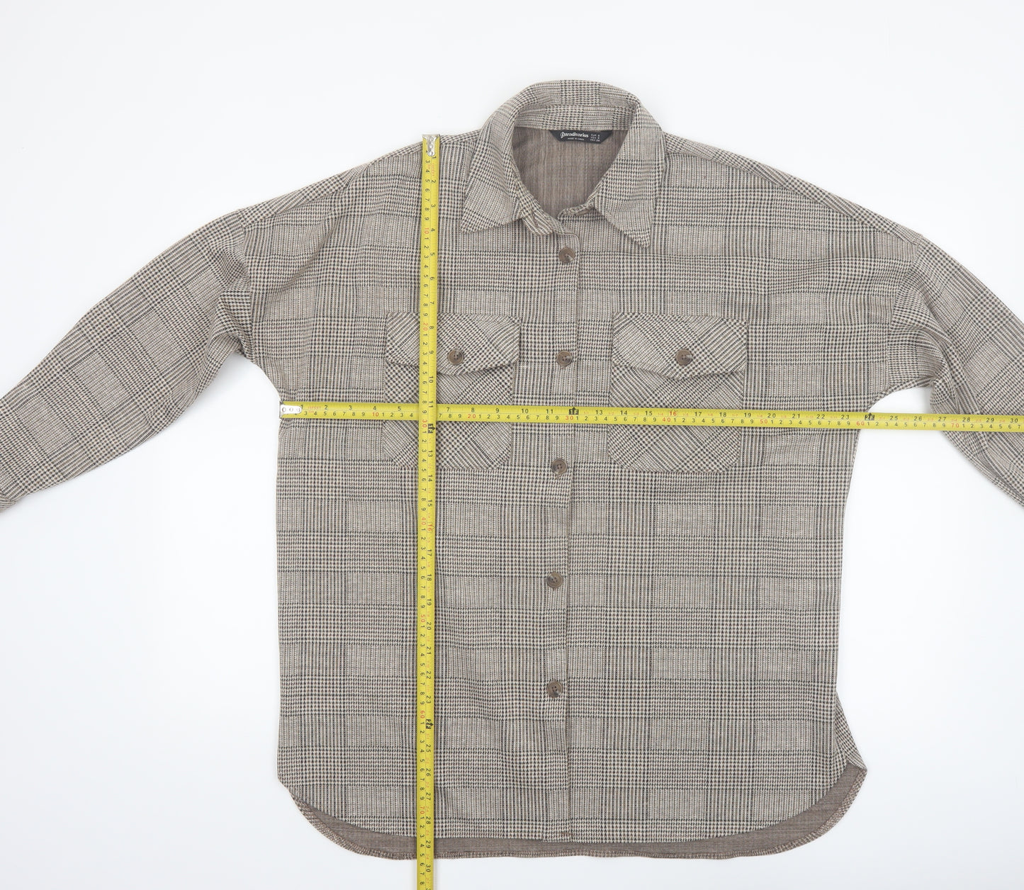 Stradivarius Women's Brown Check Tweed Button Jacket Size 8