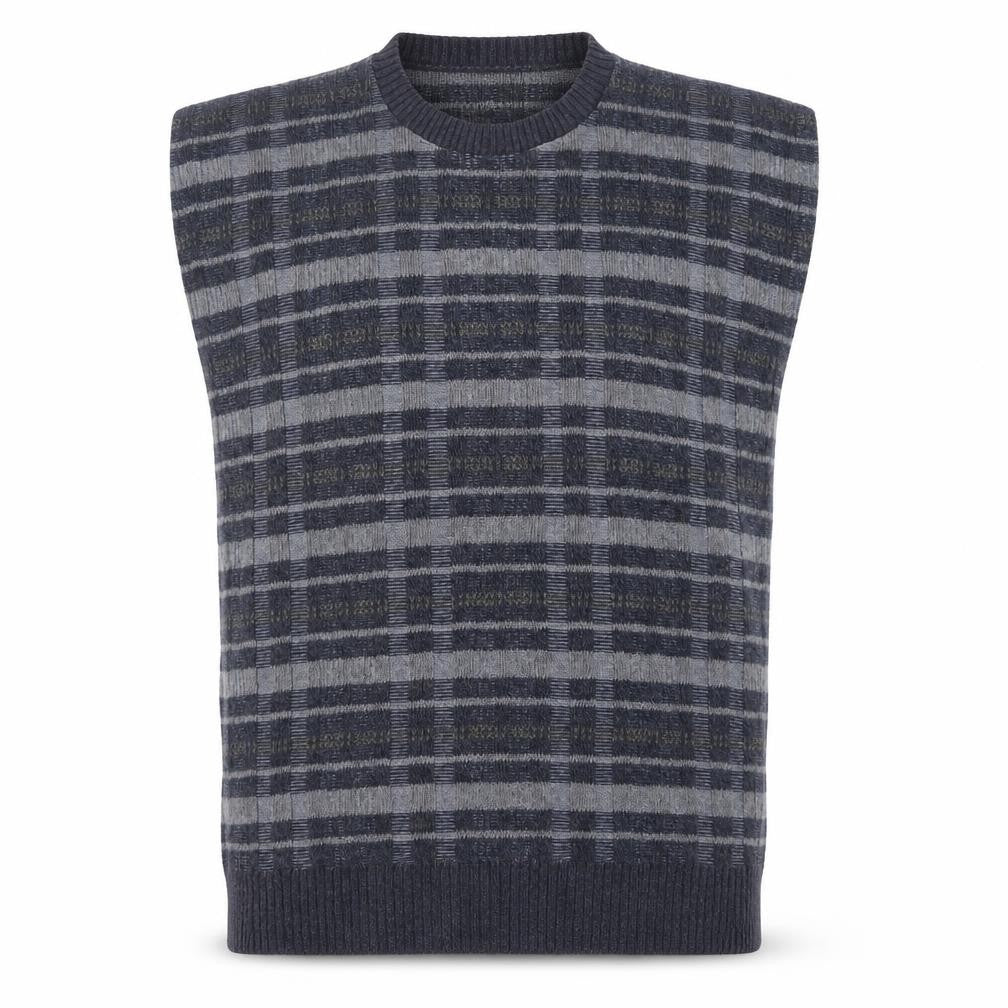 Front view of Liberty Sweaters Men's Grey Check Sleeveless Knit Vest M