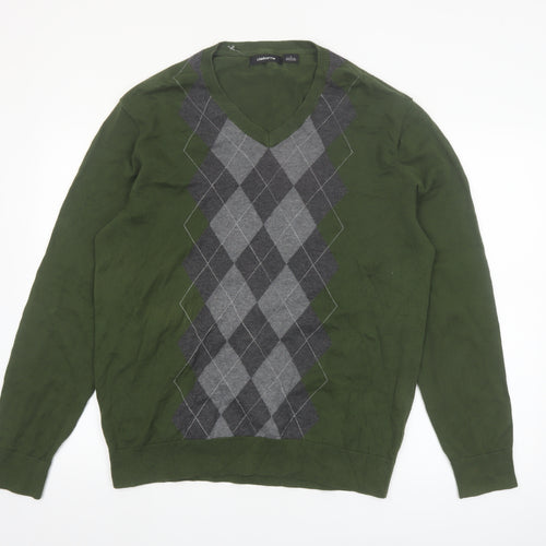 Claiborne Men's Green Argyle Cotton V-Neck Jumper Size L